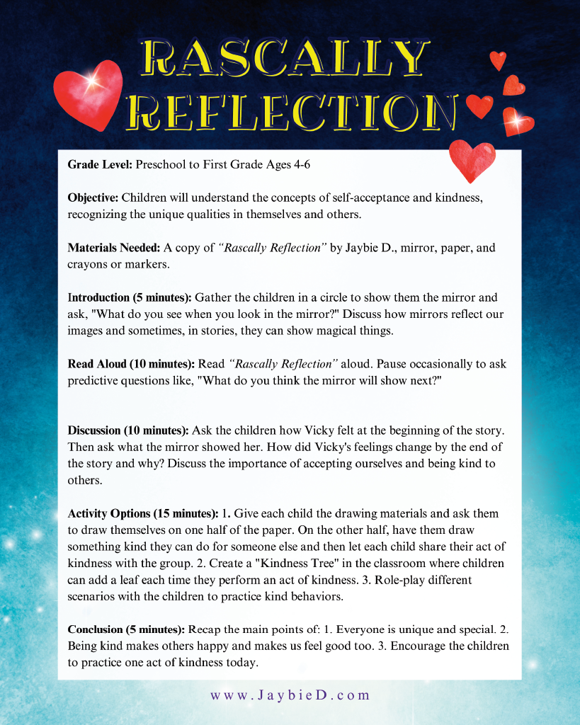 Lesson plan for children's picture book 'Rascally Reflection' by Jaybie D. with instructions and objectives on a blue background.