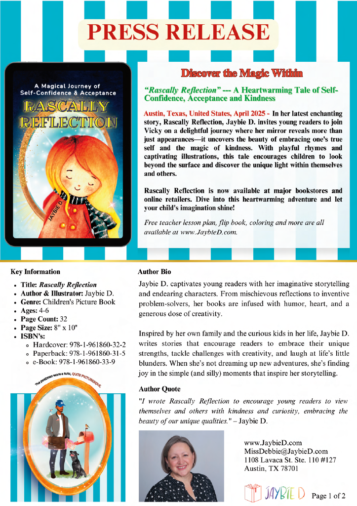 Page 1 press release with text and images of a mirror and people, featuring a colorful border (Rascally Reflection by Jaybie D.).
