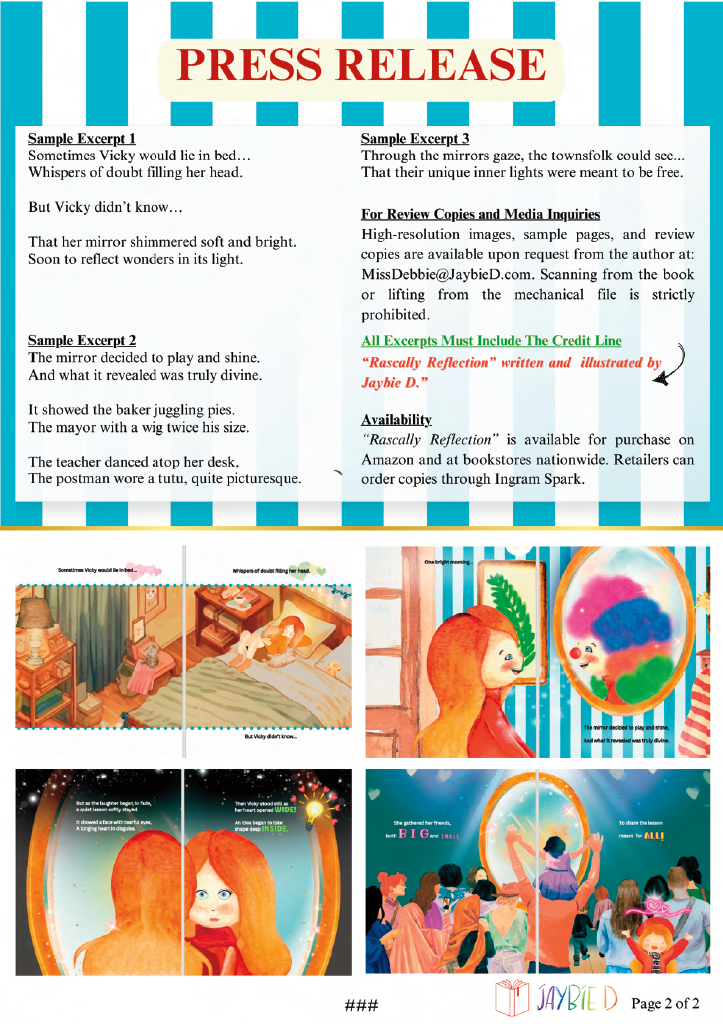 Page 2 press release with text and images of a mirror and people, featuring a colorful border (Rascally Reflection by Jaybie D.).