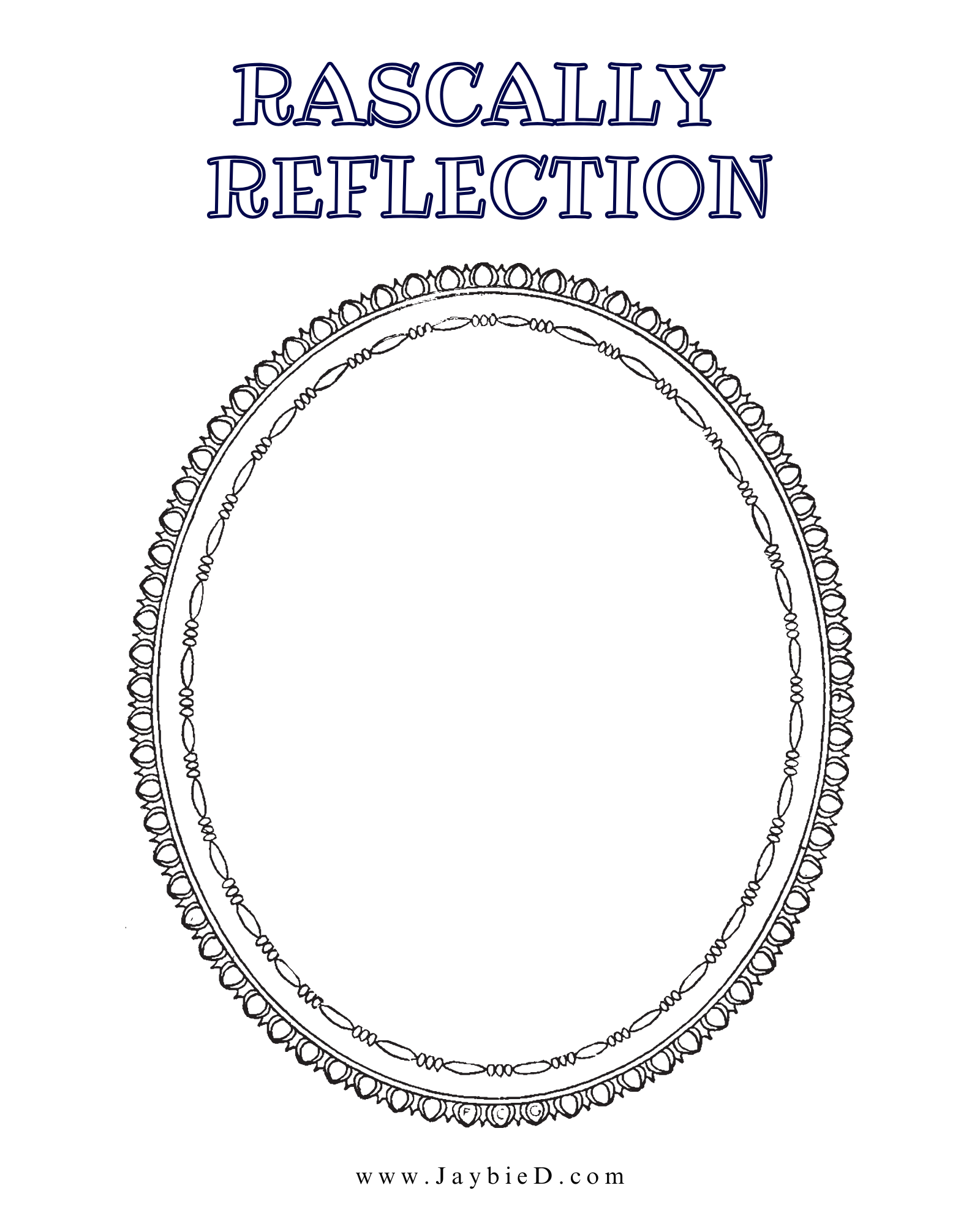 Coloring page with a blank mirror for a self portrait from the children's picture book 'Rascally Reflection' text by Jaybie D.