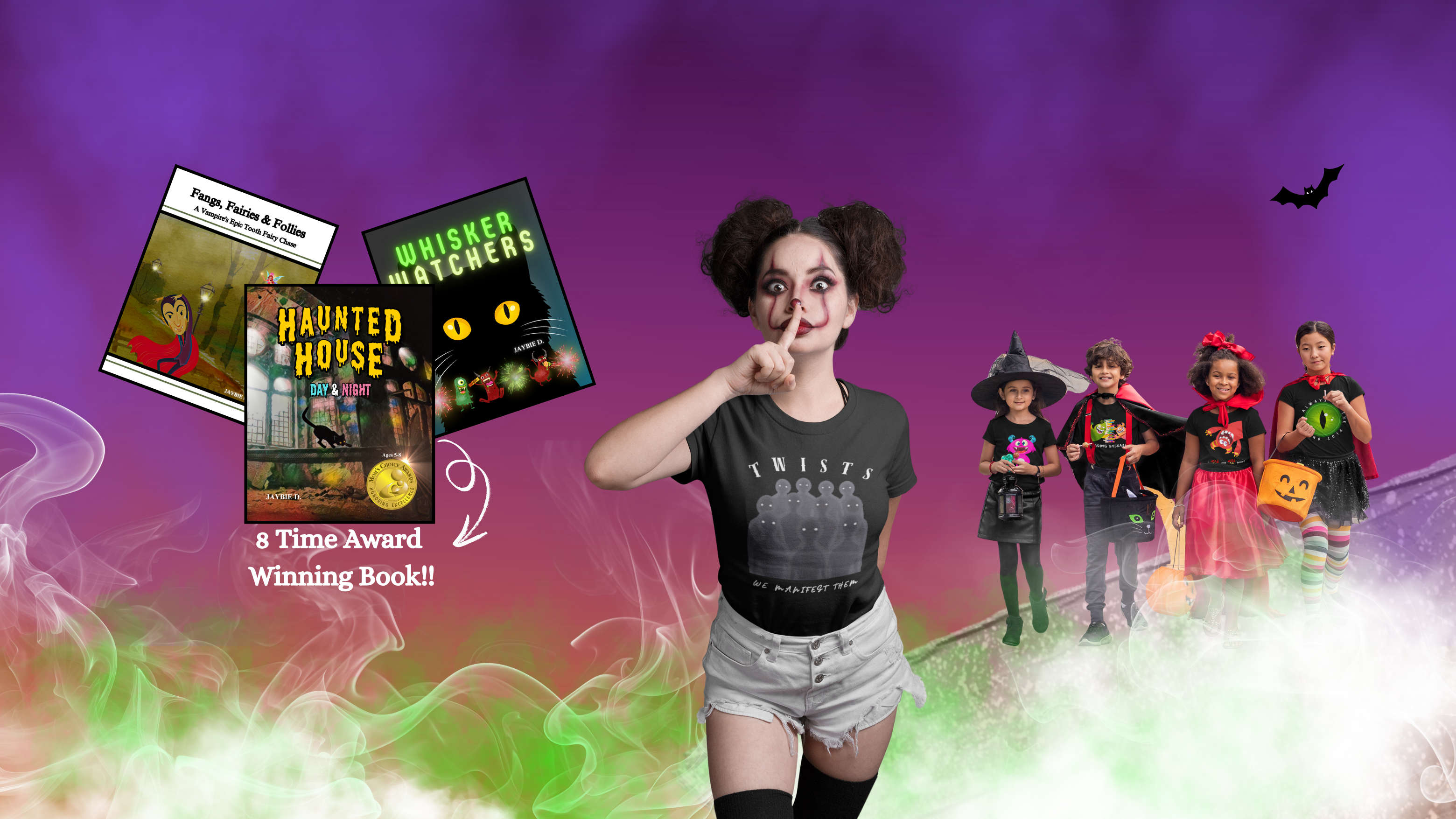 Creepy Halloween setting with themed shirts, picture books, kids kids trick or treating and a creepy woman making a hush face with a smoky purple background