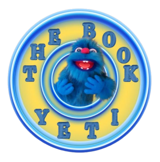 Circular logo of The Book Yeti featuring a smiling, fuzzy blue yeti surrounded by bold blue text on a yellow background.