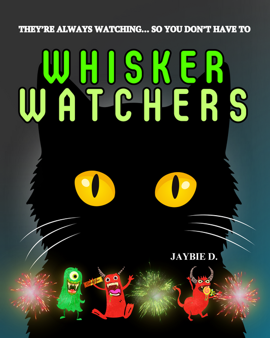 Whisker Watchers picture book cover by Jaybie D featuring a giant black cat watching over playful Halloween monsters in a fun not-too-scary adventure for children
