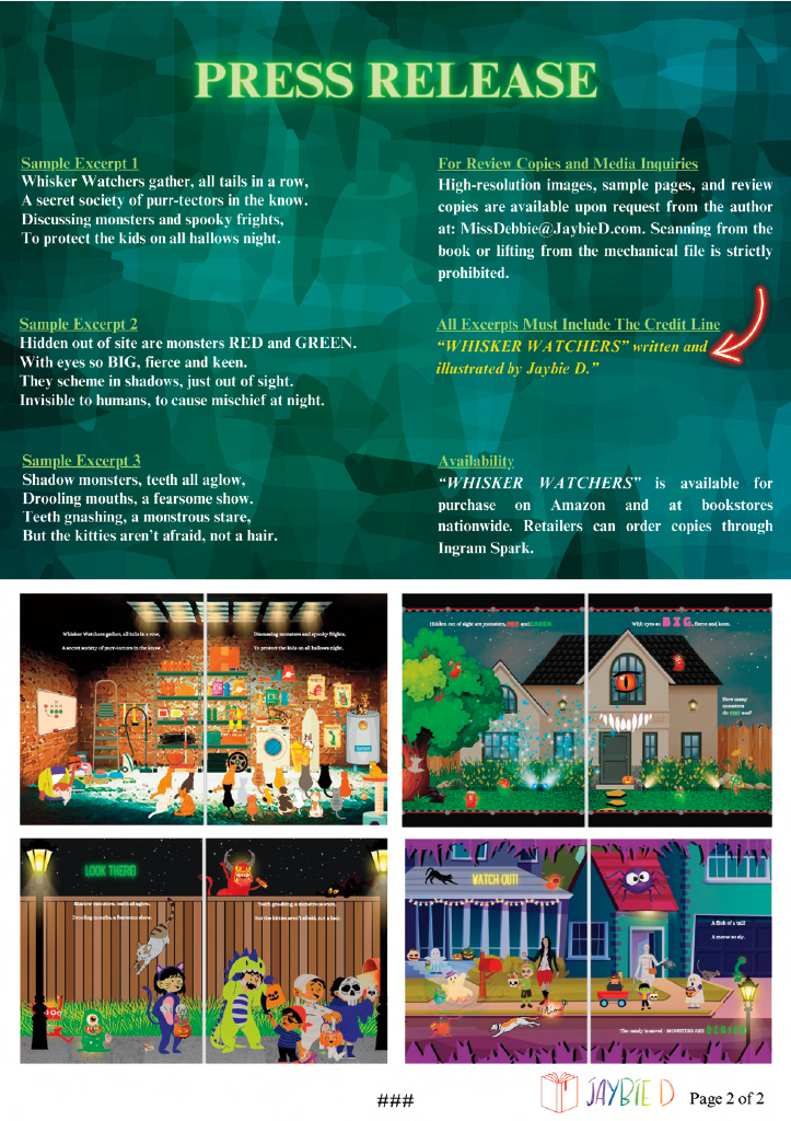 Press release for 'Whisker Watchers' by Jaybie D. with colorful illustrations and text.