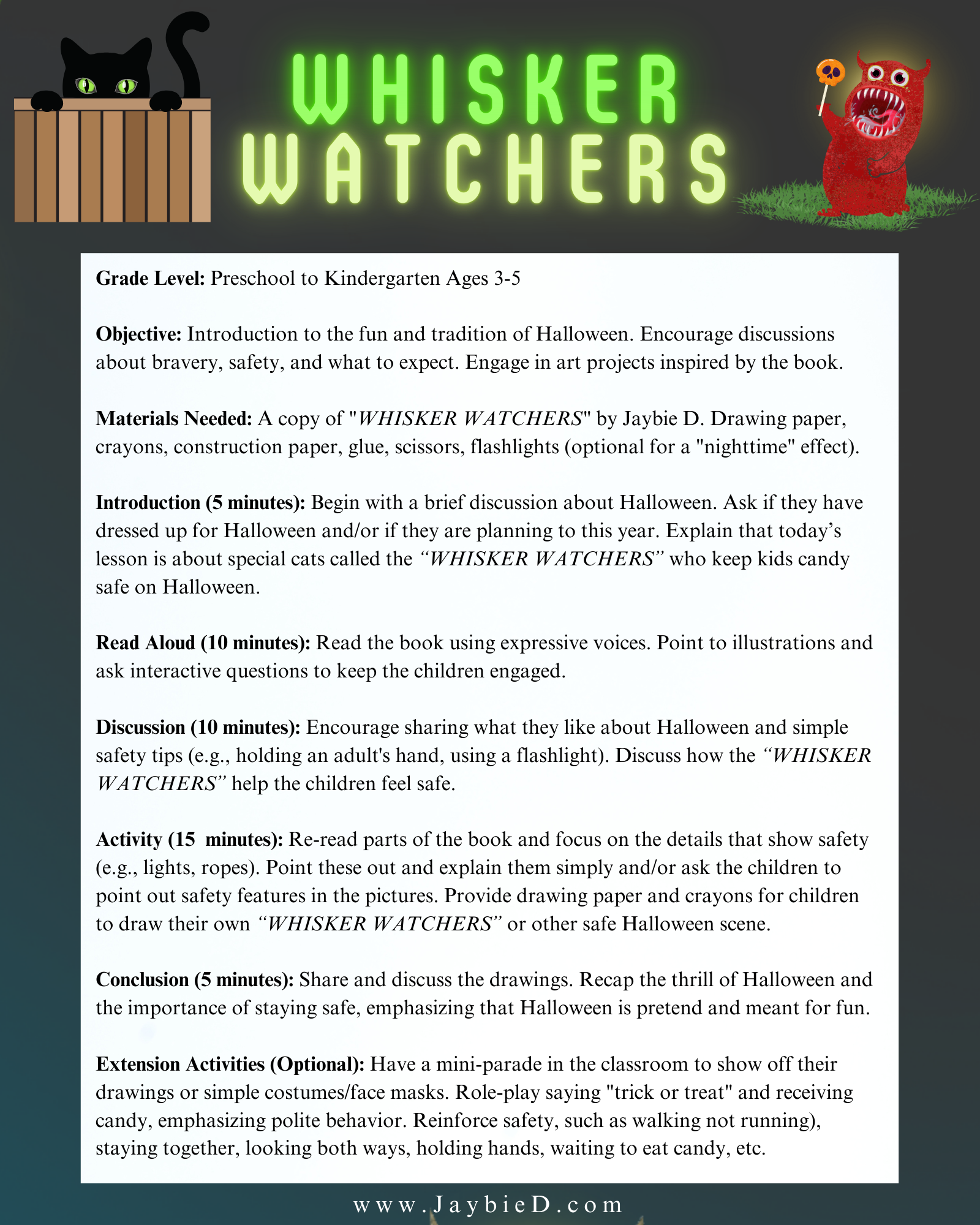 Halloween lesson plan for children titled 'Whisker Watchers'  from Jaybie D. with text and graphics on a black background.