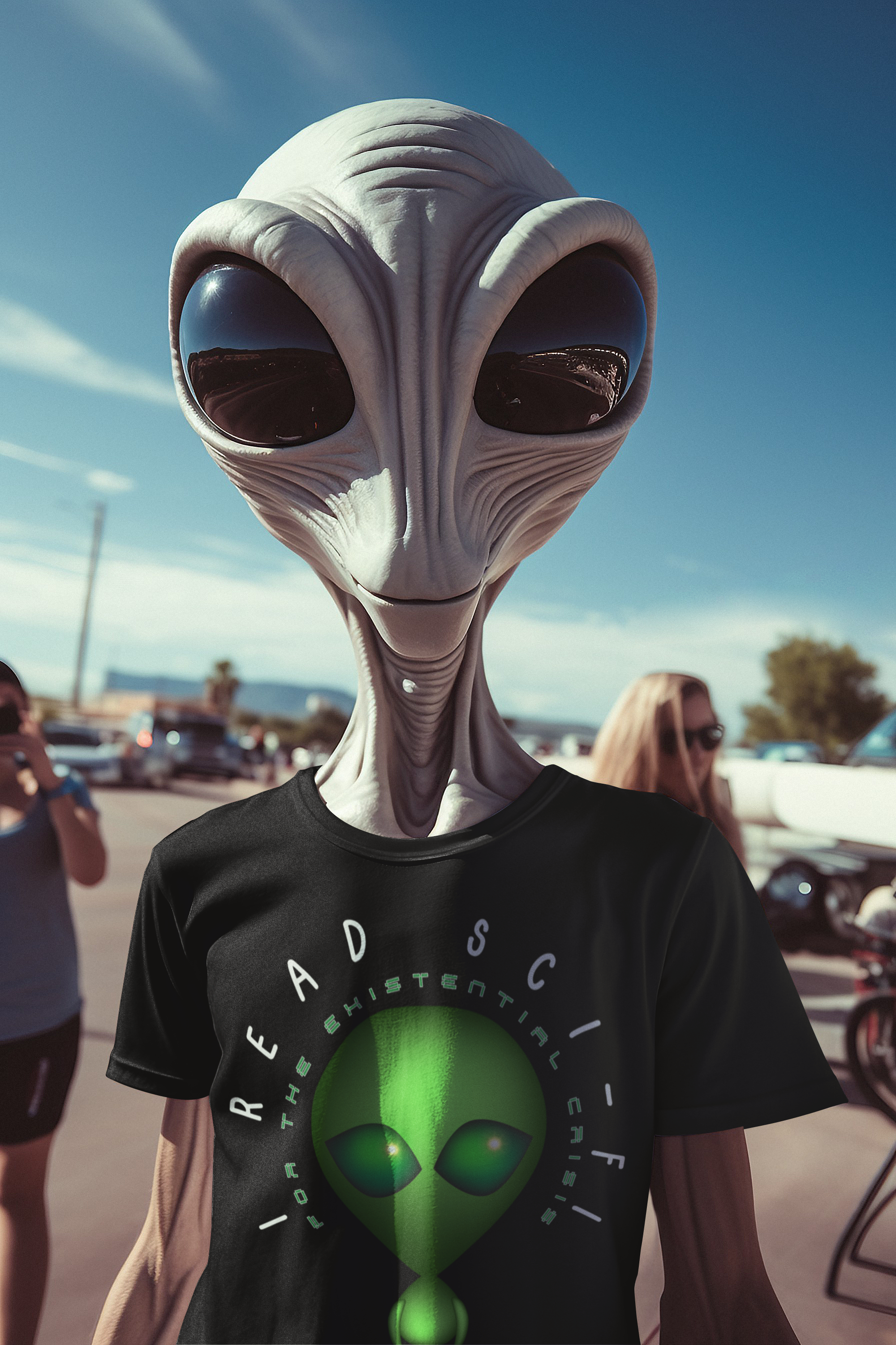 Alien wearing a black t-shirt that says "I Read Sci-Fi For The Existential Crisis".