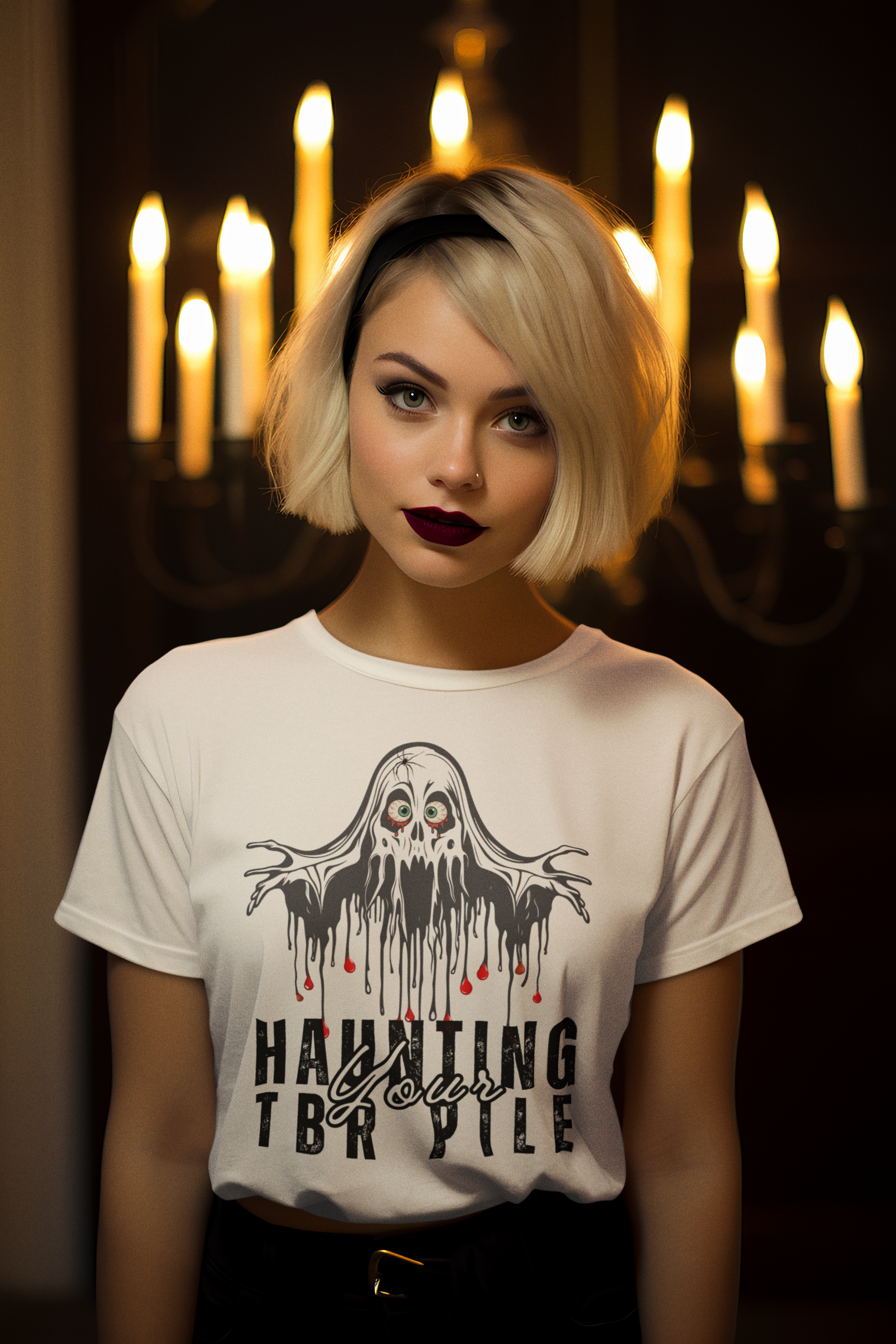 Blonde woman standing in front of a candelabra and wearing a t-shirt that says "Haunting Your TBR Pile".