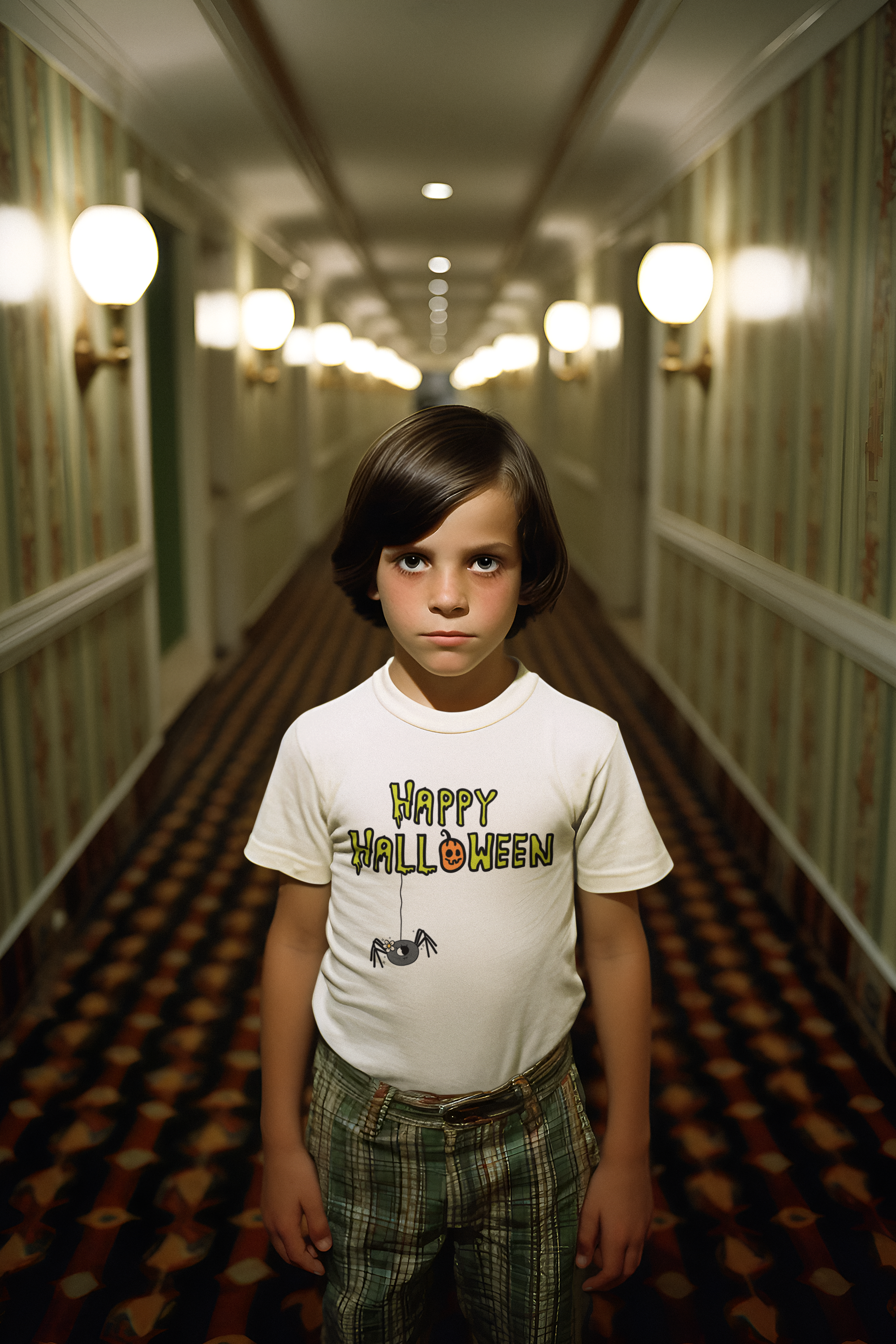 Little boy standing in a long hall from the Shining while wearing a Happy Halloween shirt.