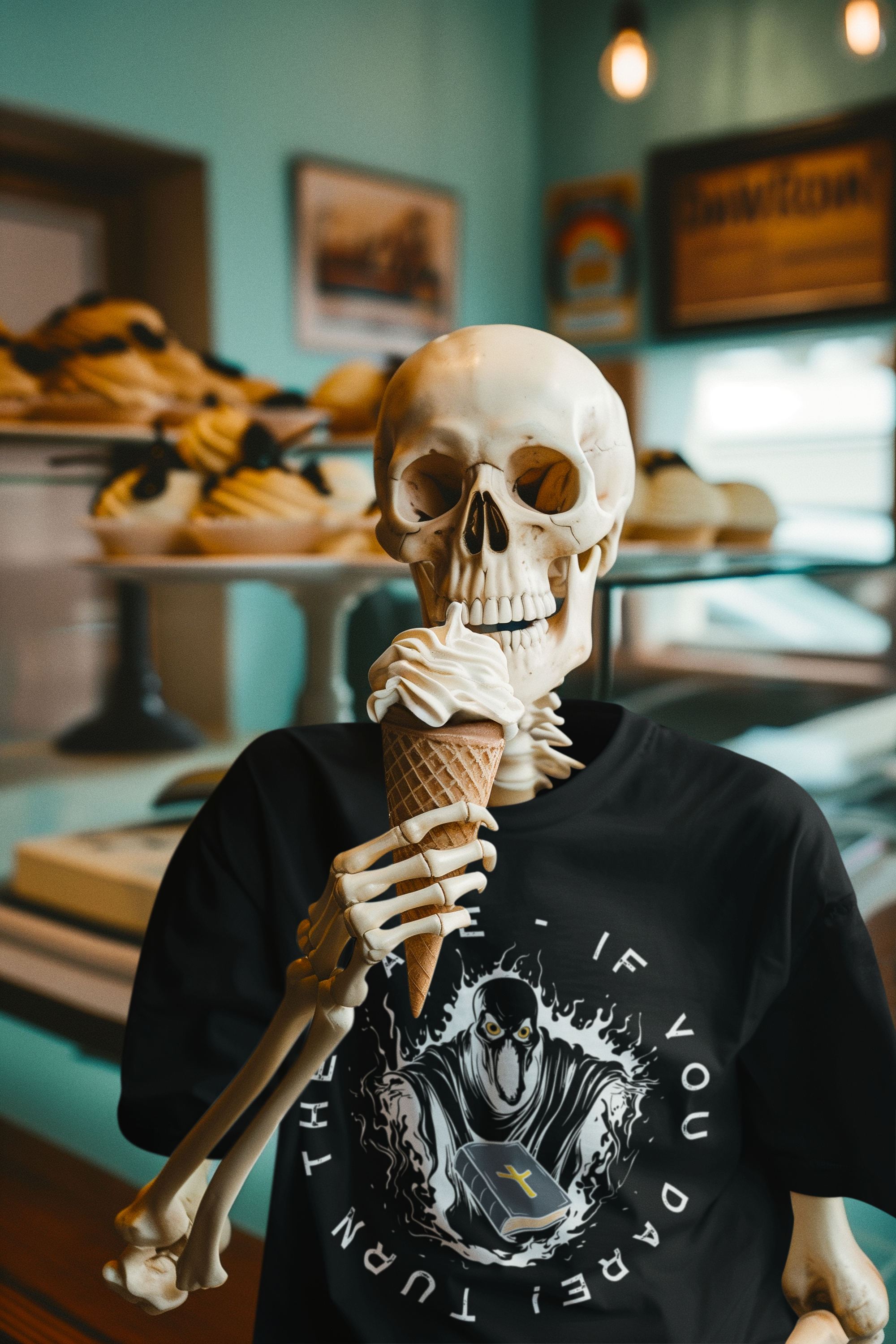 Skeleton in an ice cream shop, holding an ice cream cone and wearing a black shirt with a ghoul that says "Turn The Page - If You Dare!"